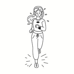 Young woman in headphones enjoys jogging linear icon. Lady athlete engages in cardio activity doodle character doodle thin line illustration