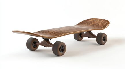 Wooden skateboard with dark brown deck and wheels isolated on white background.