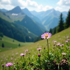 Fototapeta premium Full-grown aster alpinus flower on a mountain meadow, foliage, flowers, wildflower