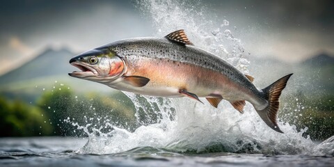 Salmon jumping out of the water with a burst of speed and slime leaving behind, ocean, water, waves, salmon