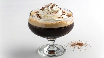 Indulge in this decadent coffee cocktail, a rich blend of espresso, creamy whipped topping, and a dusting of cocoa powder, perfectly served in a stemmed glass.