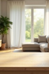 Sunlit Wooden Tabletop in a Modern Living Room with Sheer Curtains and a Comfortable Sectional Sofa