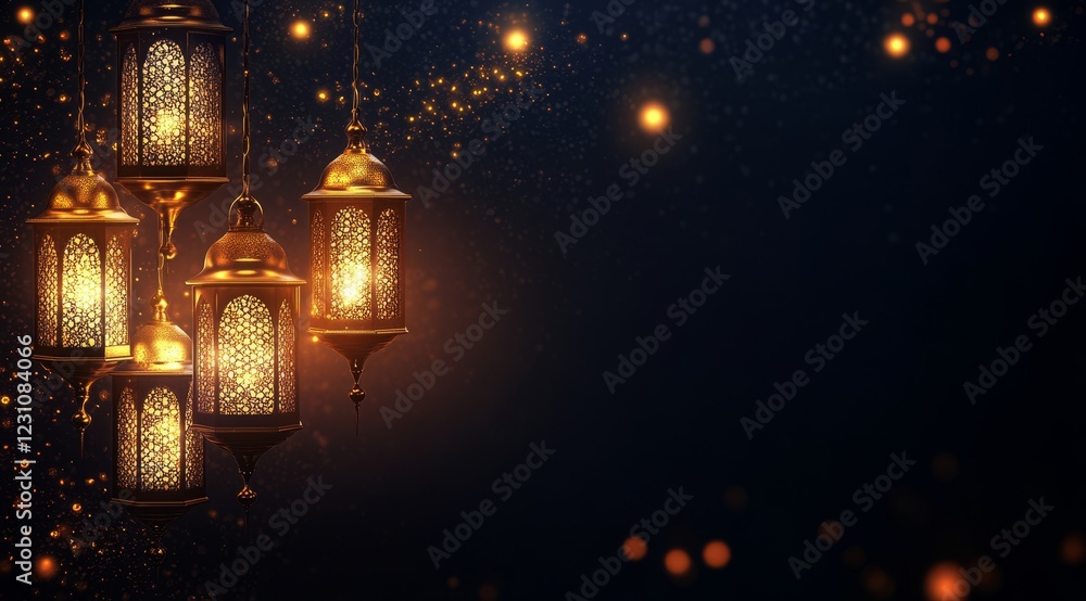 Poster glowing lanterns hanging against a dark background with bokeh lights.
