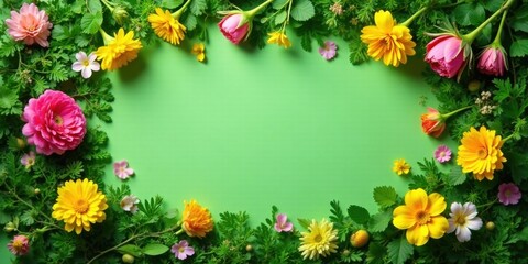 Obraz premium Vibrant Spring Floral Border Featuring Delicate Blossoms and Lush Green Foliage Arranged on a Pastel Green Background, Ideal for Seasonal Greetings or Festive Announcements