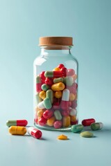 Glass bottle with scattered capsules everywhere, spill, debris