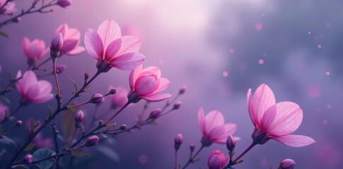 Obraz premium Mist shrouds delicate blooms in a soft, dreamy haze, misty flowers, violet hues