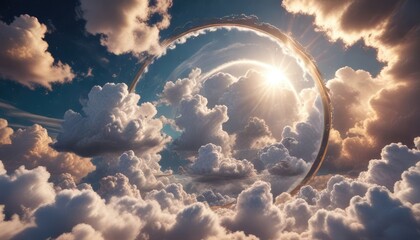 Shimmering circle of clouds with intricate details and a sense of depth, serene atmosphere, delicate cloud shapes
