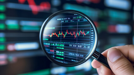 Market Analysis: A hand holds a magnifying glass, focusing on a volatile stock chart displayed on a computer screen,  emphasizing the detail and scrutiny involved in financial decision-making.