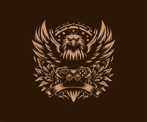 Lion head with wings and laurel wreath. Vector illustration.