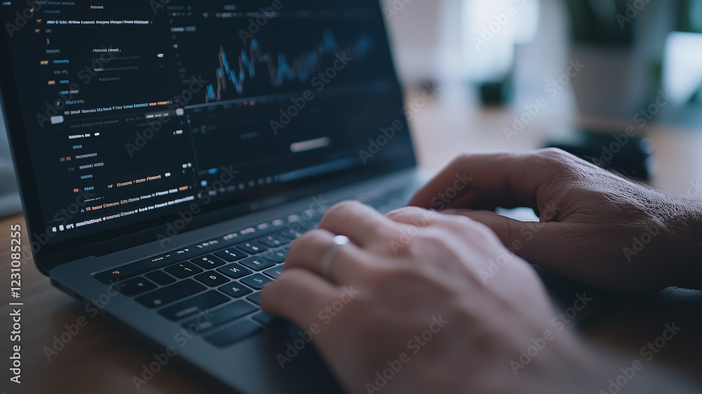 Poster analyzing the data: close-up view of hands typing on a laptop, focused on a screen displaying a fina