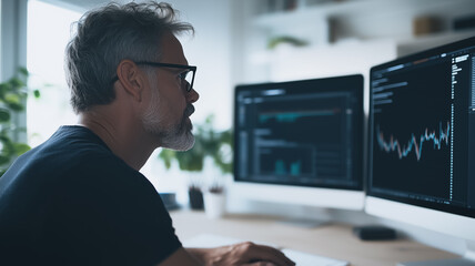 Focused Analyst: A mature man with gray hair and glasses intently studies data on two computer monitors, his concentration evident in his profile.