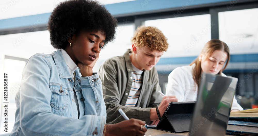 Leinwandbilder research, group and students with laptop, classroom and studying for assignment in college or writin
