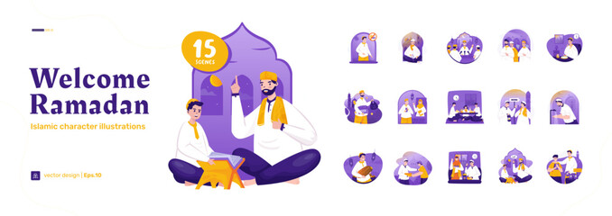 Collection set of Muslim illustrations welcoming the holy month of Ramadan
