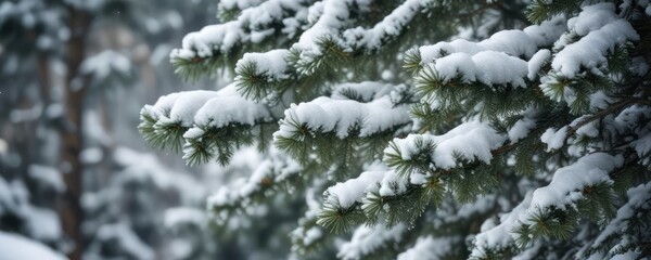 Snow covered fir tree branches with soft focus background, nature, cold