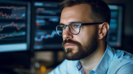 Focused Analyst: A pensive, bearded man wearing glasses intently studies financial data displayed on multiple computer screens, illuminated by the soft glow of the monitors in a dimly lit office.