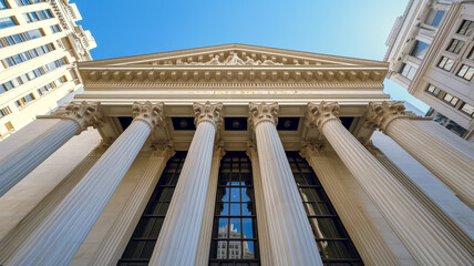 Obraz premium Grand Classical Architecture: A low-angle perspective captures the majestic facade of a classical building, showcasing its imposing columns, intricate details, and a clear blue sky.