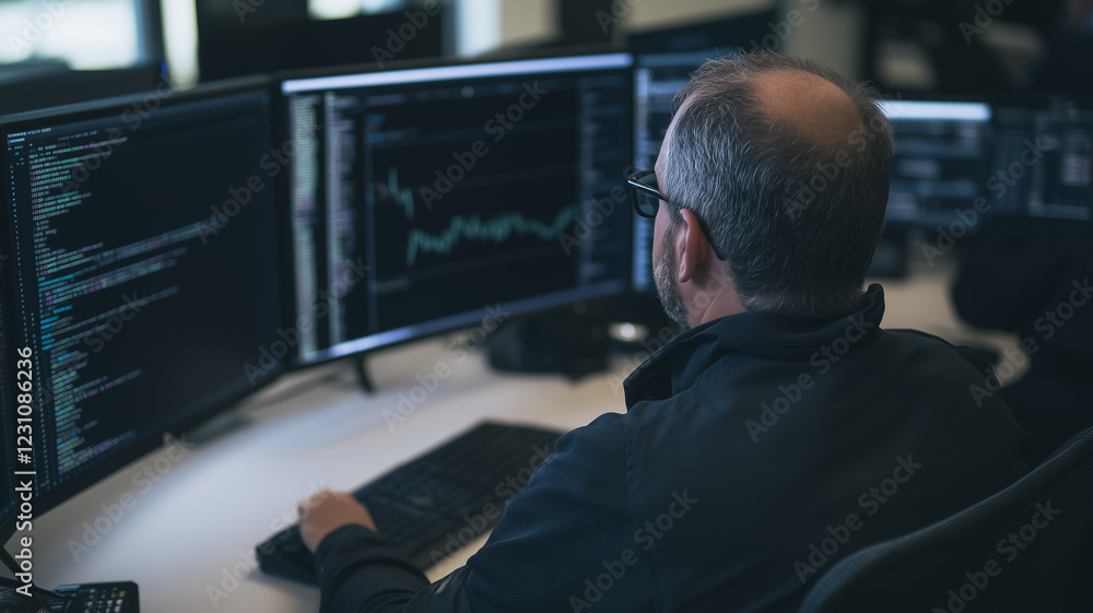 Poster focused on the data: a programmer with a serious gaze, hunches over a workstation, meticulously anal