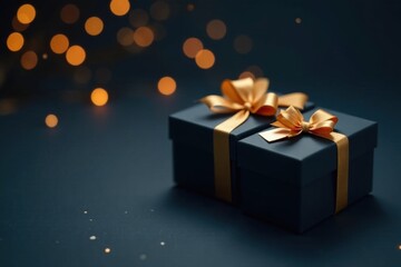 Elegant Dark Gift Boxes with Golden Ribbons and Festive Lights