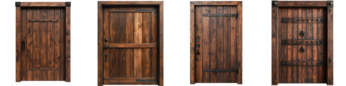Weathered and aged wooden door with vintage rustic panel design in a country house or cabin exterior  Textured wooden grain and worn surface with historic architectural details
