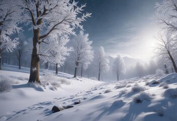 Snowflakes gently falling on a winter wonderland landscape, snow-covered trees, snowfall, frosty morning