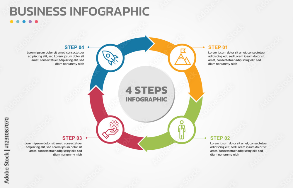 Poster Visual data presentation. Cycle diagram with 4 options. Pie Chart Circle infographic template with 4 steps, options, parts, segments. Business concept. Marketing infographic vector illustration.