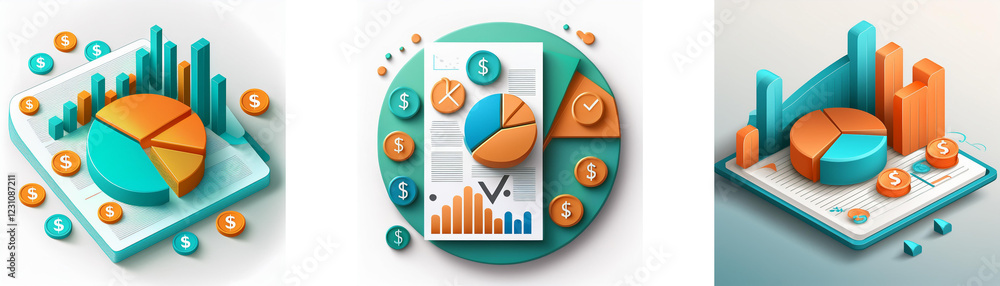 Poster three isometric illustrations showcase diverse data visualizations: pie charts, bar graphs, and comb