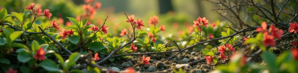 Thorny honeysuckle stems tangled on ground in spring, overgrowth, bushes