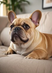 Snuggly French Bulldog pup snuggling up to its owner on the couch , cozy, affection