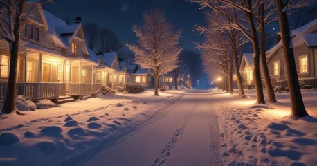 Snowy winter scene with a path lined with trees and houses lit with warm white lights , tranquil scene, frosty morning