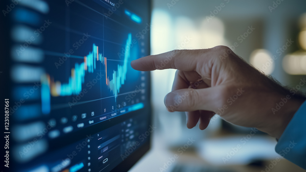Poster analyzing the market: a close-up shot of a hand pointing at a dynamic stock market graph displayed o