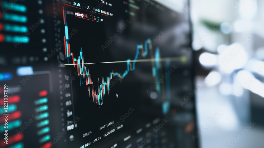 Poster market volatility close-up: a close-up shot of a computer monitor screen displaying a dynamic stock 