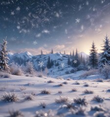 Soft focus winter landscape with delicate white snowflakes gently falling from the sky, frozen, frosty atmosphere