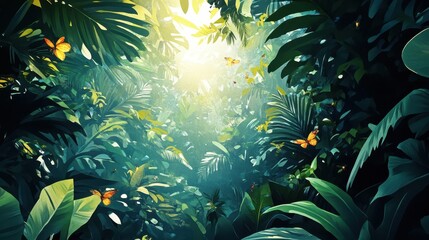 Lush Tropical Rainforest Canopy With Butterflies