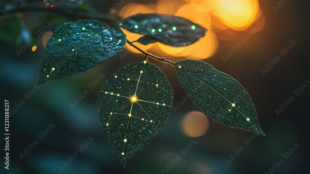 Poster celestial leaves: a mystical, enchanting image of shimmering leaves lit from behind, revealing a pat