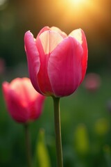 A single pink tulip blooms in the warm sunlight, Petals, Tulip