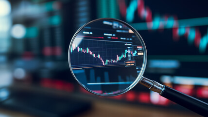 Market Volatility: A magnifying glass reveals a fluctuating stock chart, representing the ups and downs of the financial markets.  The background is a blur of other charts.