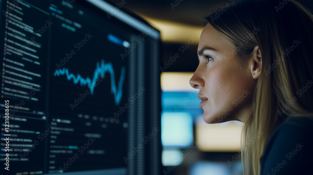 Poster data analyst at night: a focused female data analyst intensely studies a computer screen displaying 