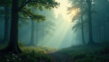 Obraz premium A subtle mist covering a tranquil forest landscape, calm forest, misty woods