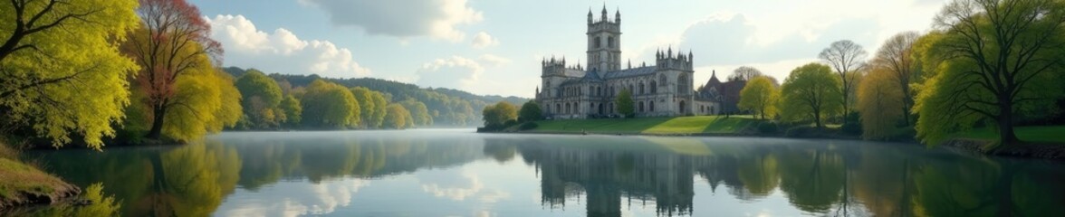 Obraz premium A tranquil lake reflects the majestic spires of Salisbury Cathedral in spring, water, peaceful, serene
