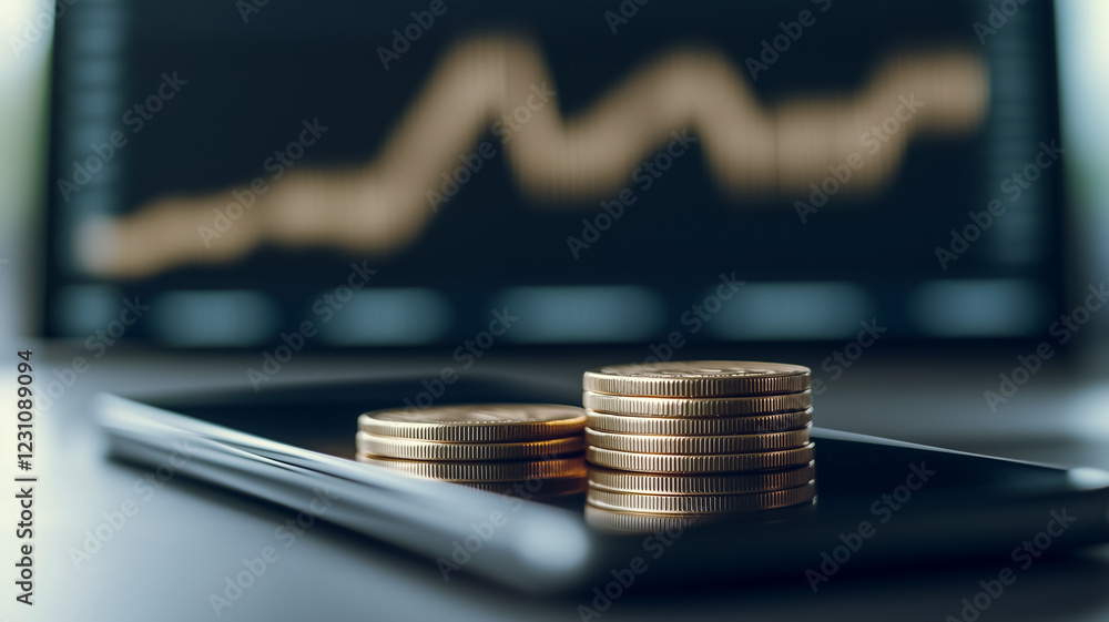 Poster financial growth: a close-up view of a stack of coins resting on a smartphone screen, with a blurred