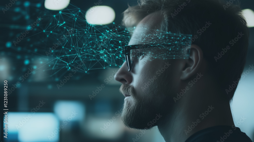 Poster digital visionary: a pensive man with glasses gazes intently, seemingly interacting with a complex n