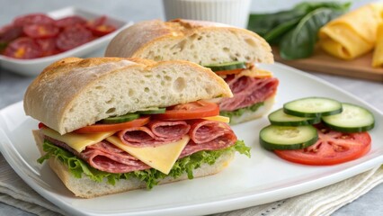 A Delicious Salami and Cheese Sandwich on a Crusty Roll with Fresh Vegetables