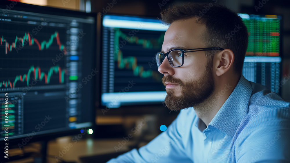 Poster focused trader: a serious, bearded man in glasses intently studies stock market data displayed acros