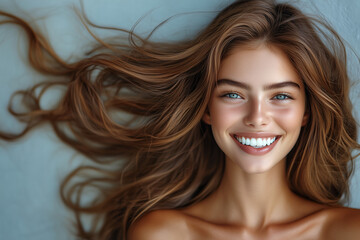 Fototapeta premium Beautiful Woman with Windswept Hair and a Bright Smile, Captured in Soft Light