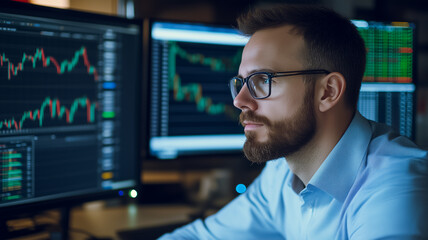 Focused Trader: A serious, bearded man in glasses intently studies stock market data displayed across multiple monitors, his focused expression conveying dedication and concentration. 