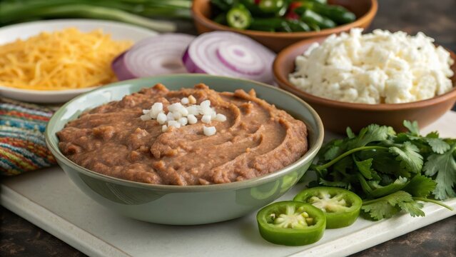 Refried Beans with Toppings A Culinary Delight Featuring Shredded Cheese, Onions, and Cilantro