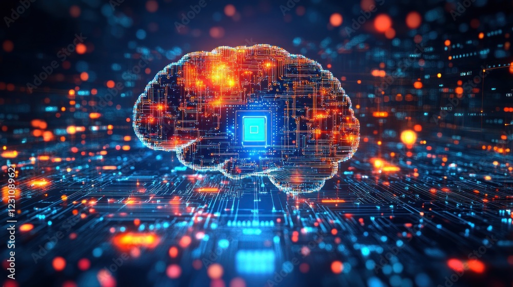 Poster digital brain circuit, ai technology, data processing, glowing background, futuristic concept, tech 