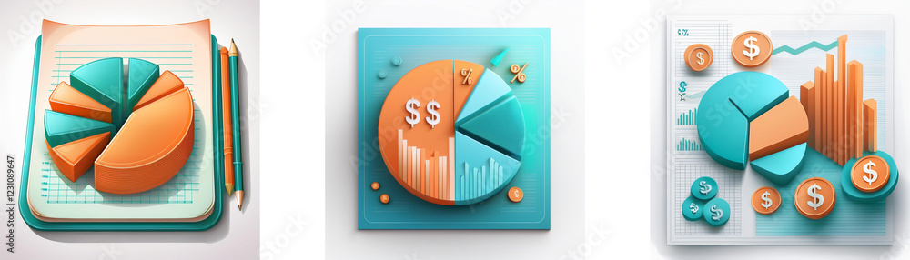 Aufkleber three colorful pie charts illustrate data analysis, showcasing segments in teal and orange. visual r
