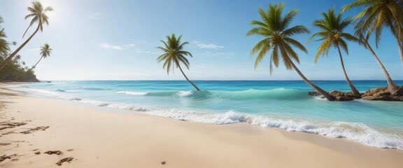 Panoramic view of a beautiful soft blue ocean wave on fine sandy beach with palm trees and a clear blue sky , natural, calm, palm tree, panoramic, horizon