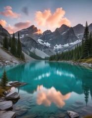 Obraz premium Panoramic view of turquoise lake in Canadian Rockies at sunrise, serene beauty, mountain lakes